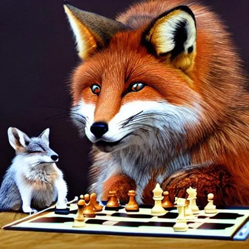 Prompt: big fat fox playing chess with a mouse, by Rebecca Morgan