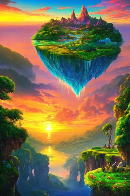 Prompt: a surrealistic landscape with a giant floating island in the middle of the scene, The island is covered in lush greenery, waterfalls, and exotic wildlife, with a beautiful sunset in the background, dreamy and impressionistic, with bold brushstrokes and vibrant colors.
