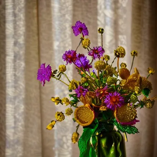 Prompt: Mini wild flowers,, in Golden Vase with intricate designs, on office desk with lace tablecloth, morning light filtering through curtains, highlighting delicate petals and vivid colors, Photography, 100mm f/2.8 macro lens , --ar 1:1 --v 5