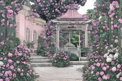 Prompt: illustrate a love romance manga comic scenes, where an enthusiastic couple grows japanese roses knows as  "the love roses", Set  in a art nouveau inspired garden at the cuban seaside in Havana City environment, and incorporate seashell stone paths and Moorish gazebo as part of the backdrop. Ensure the coloring and shading to be in sync with the Charles Rennie Mackintosh rose draws color theme, and make use of japanese ukiyo-e as the medium.

Example values used for this prompt: 1930s, journal notes, cuban garden, sepia-toned, ink, comic art.