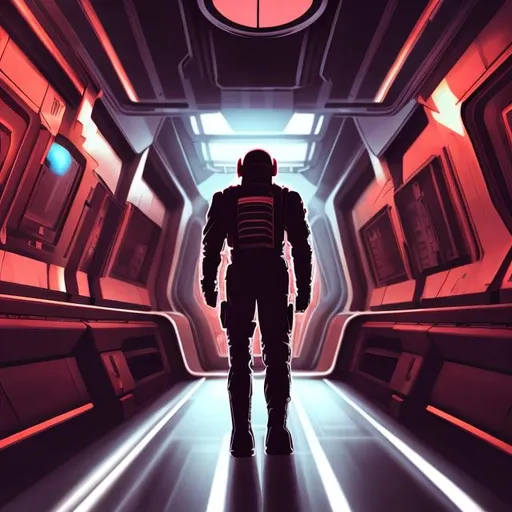 Prompt: a shadowy figure in the hallway of a realistic spaceship. Explosion in the distance, red and black tint, technology on the walls, warning sirens going off, realism style