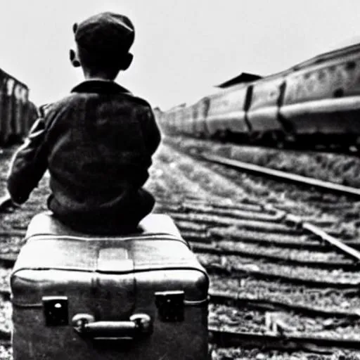 Prompt: podcast cover image for a story about a young boy in the soviet union during the 1940s, taken from behind, realistic historical photograph of boy sitting on suitcase waiting for a train