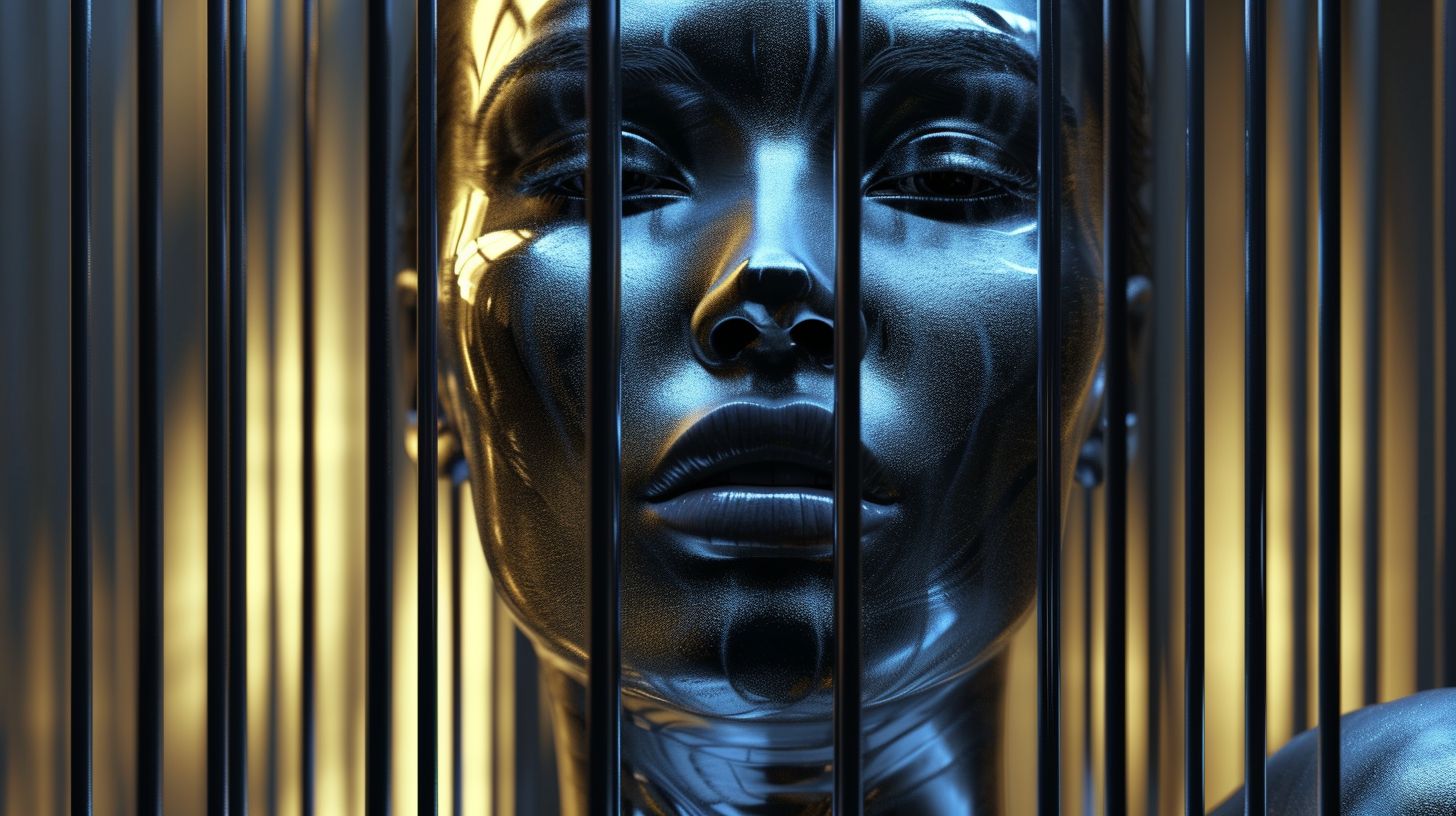 Prompt: her face is against a curtain of black bars, in the style of airbrush art, light bronze and dark blue, neon grids, made of glass, taras loboda, timeless beauty, symmetrical grid