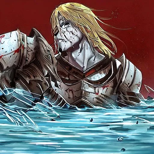 Prompt: The Dragoon Emerging from the lake next. Ragnar, wet from water, stepping on it. Telkrest’s pride and joy. Confident as ever. A taker in his giving nature. Having blonde hair and a strong build fit for a king, he arrives. In his skin, he is armored, fluctuating a red, black and white color. With one eye, a piercing red and the other, a glazed white. “This’ll be fun.”

Ragnar’s fluctuating skin armor, hardens as it prepares for battle. Calcifying in key areas of protection, the calcified areas holding onto the color white for now. His right claw-like formed arm surges a bit, then the other becomes malleable and transformable. It can form int a double bladed axe, the hilt being the arm, and in th center between the two blades a hole where Calcified Bullets can shoot out. When a sword is needed, the axe folds unto itself to make a sword, as it does this it sends out a sharp pulse forward from the sword’s edged point. It glows with red energy where the blades merged afterwards.