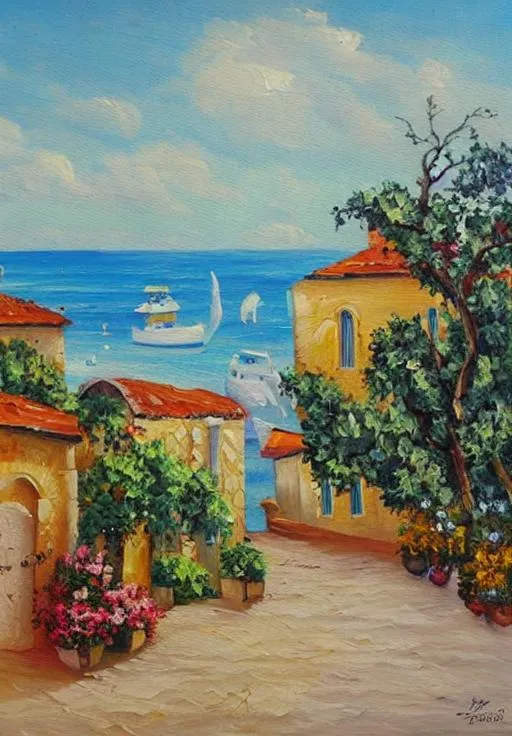 Mediterranean sea coast town landscape oil painting