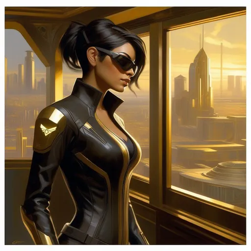 Prompt: Deus Ex Human Revolution, female protagonist, Detroit, cartoony, golden atmosphere, extremely detailed painting by Greg Rutkowski and by Henry Justice Ford and by Steve Henderson