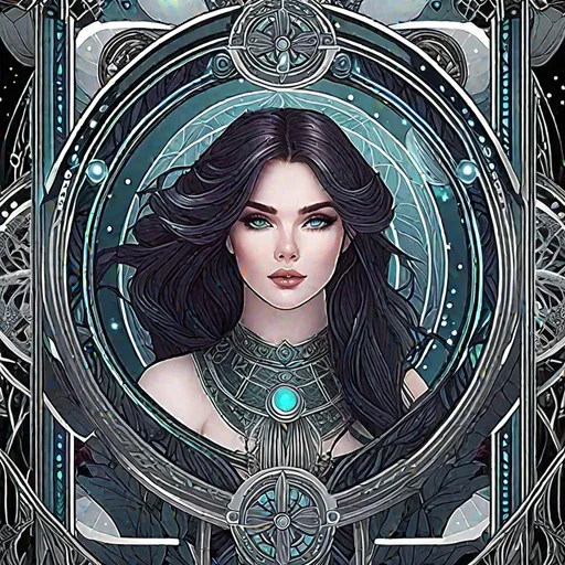 Prompt: tarot card style + intricate border + young goddess portrait, detailed sci-fi illustration, pentagram + intricate Celtic illustration + 