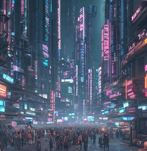 Prompt: Cyberpunk city  realistic crowded with people and robots 20k 