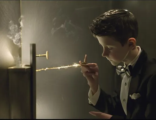 Prompt: 13 year old boy in a tuxedo casting a crazy magic spell from the outside of a bathroom stall with his magic wand, but the spell he cast happens on the inside of the bathroom stall because he cast the spell on the inside 