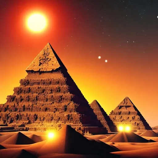 Prompt: 7 suns with pyramids