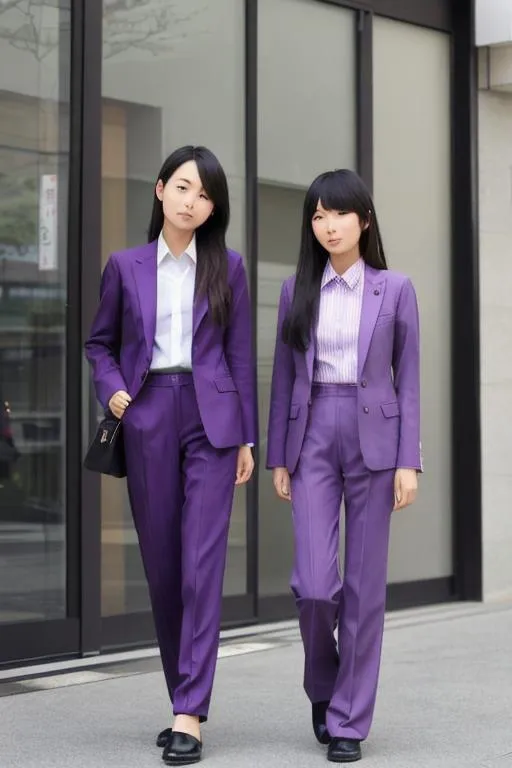 Prompt: Two japanese girl 17yo, purple suit, Trousers,