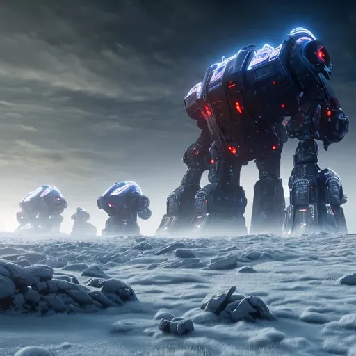 Prompt: Gigantic futuristic fortress in the middle of an icy tundra landscape, 8k, cinematic, shadowy, snowy, with sentinel robots