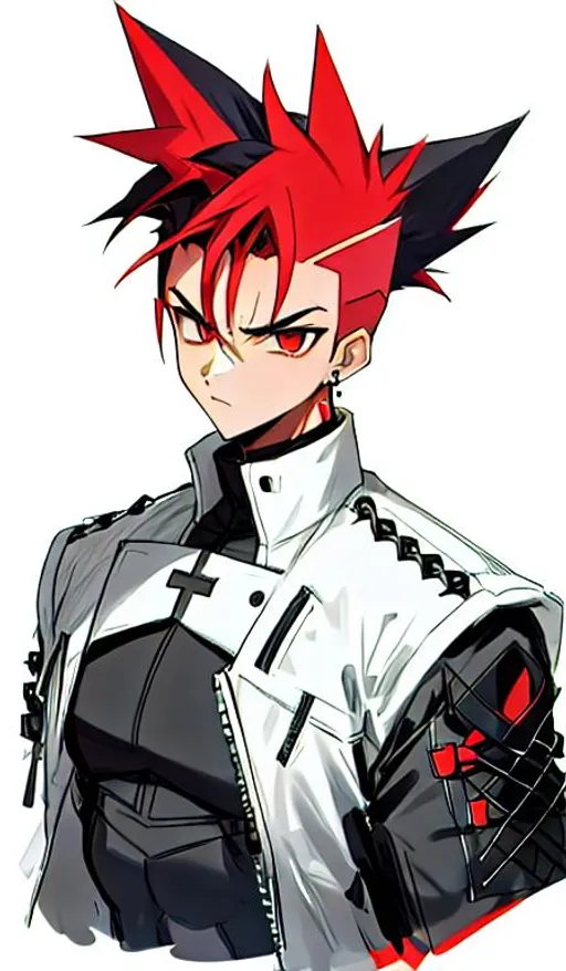 Prompt: Aster, 1 male. intimidating, black and red mohawk