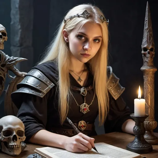 Prompt: Dungeons and dragons, young college blonde woman that studies necromancy wizardry