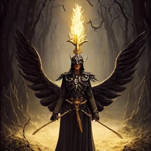 Prompt: Portrait of a Aaragorn with crow wings, a mace in one hand, gold magic in other hand, dark forest, perfect composition, hyperrealistic, super detailed, 8k, high quality, trending art, trending on artstation, sharp focus, studio photo, intricate details, highly detailed, by greg rutkowski