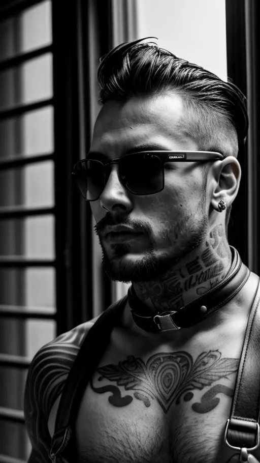 Prompt: Sensual, tattooed, shirtless man from a random country, wearing sunglasses and an strapped rugged leather harness, in an abandoned place near a window, cinematic, close-up portrait, grayscale, hyperrealistic, hyperdetailed, ambient light, perfect composition, provocative, textured skin, high contrast, profile portrait, ultra HD.