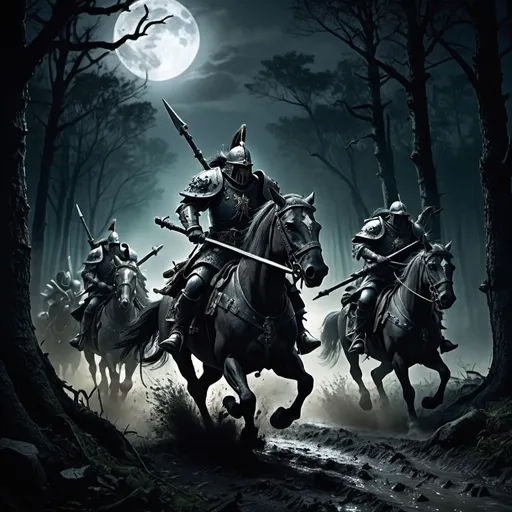 Prompt: Warhammer fantasy empire horsemen soldiers are chasing, muddy road in dark forest, full moon night setting, detailed armor and weaponry, intense pursuit, murky atmosphere, high quality, fantasy, intense action, dark tones, moonlit, atmospheric lighting