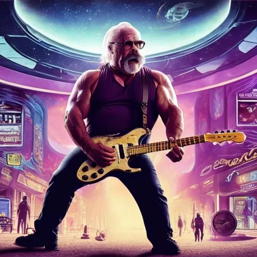 Prompt: Bodybuilding Wilford Brimley playing guitar for tips in a busy alien mall, widescreen, infinity vanishing point, galaxy background