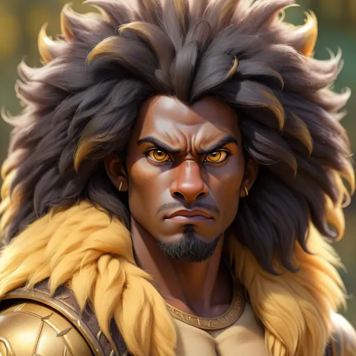 Prompt: Portrait, detailed. Adult man, dark skin, black fluffy hair,lion mane brown eyes, strong, kind, yellow eyes, lion ears

