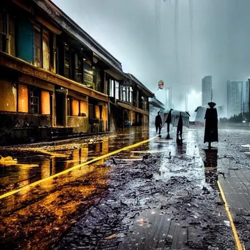 Prompt: dark disturbing colors, its a rainy day, dark city, future, abandoned, ruins, megalophobic creatures roamings around looking for humans to feast on, disturbing disoriented mess, no looking forward to a better future, the end, megalophobia