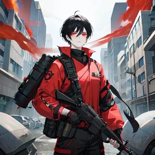 Prompt: 1male (pale) (black hair that just goes past his shoulders) (red eyes) he's holding a gun, nuclear fallout