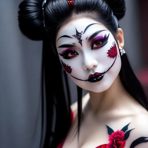 Prompt: HD photorealistic image of a gorgeous, vampire goth geisha assassin, F Cup, Hypersexuality, Perfect Face, black and red kimono, bloody fangs, white face paint, Yakuza tattoos, zen garden at night, high quality, Detailed face, photorealistic, vampire goth, geisha assassin, black and red kimono, bloody fangs, white face paint, Yakuza tattoos, zen garden, night scene, dramatic lighting,  hypersonic, 8k, stunning quality, octane render, sharp focus, studio photo, intricate details, highly detailed, HDR, UHD, high res, 64k, cinematic lighting, special effects, hd octane render, professional photograph, studio lighting,