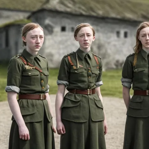 Prompt: Saoirse Ronan and Amybeth McNulty as two female guards at a Nazi concentration camp looking intimidating.