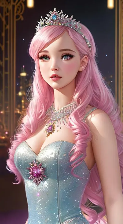 Prompt: Dove Cameron, Hyper realistic, detailed face, battlefield ethereal glittery pink lace royal princess two piece short dress, floating city in background, jewelry set, curly long black hair, stage with lights  in the background, royal vibe, highly detailed, digital painting, HD quality, pale skin, artgerm, by Ilya Kuvshinov 
