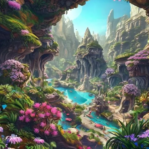 Prompt: Hidden, ungerground oasis, cave city, flora and fauna, flowers, hidden city