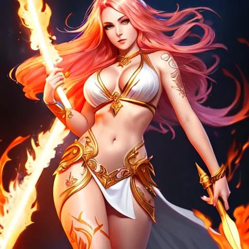 Prompt: Splash art, goddess, huntress full body, front,  glowing tattoos, peach colored hair, (metallic  hair), (flame hair), plain white robes, female, illustration, portrait, (athletic body), (pink skin), (long legs), (photo realistic), perfect body, perfect face, fairy