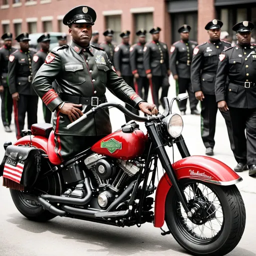 Prompt: A Black man in a black military uniform of 1920's with red, black and green stripes on collar on a Black Harley Davidson Fatboy motorcycle.  With a red, black and green  with his army of brothers