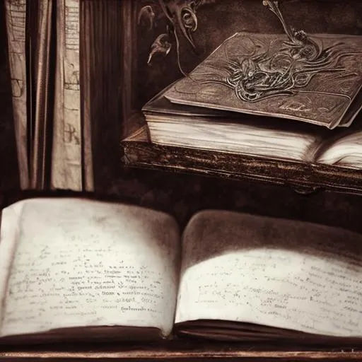 Prompt: old spell books, wooden desk close shot by jeremy mann, by gustave dore, gothic theme, unreal engine , feather quill and ink pot 