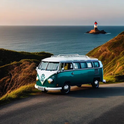 Prompt: a Volkswagen van on the way going to a lighthouse on a curved mountain at night ocean view
