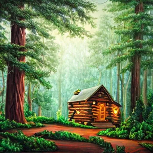 Prompt: magical woods with cabin painting




