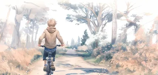 Prompt: highly detailed, boy riding bike on asphalt road, nature in background, art, concept art, 