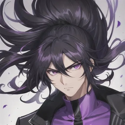 Prompt: guy, black hair, purple eye, big hair, serious, using jacket