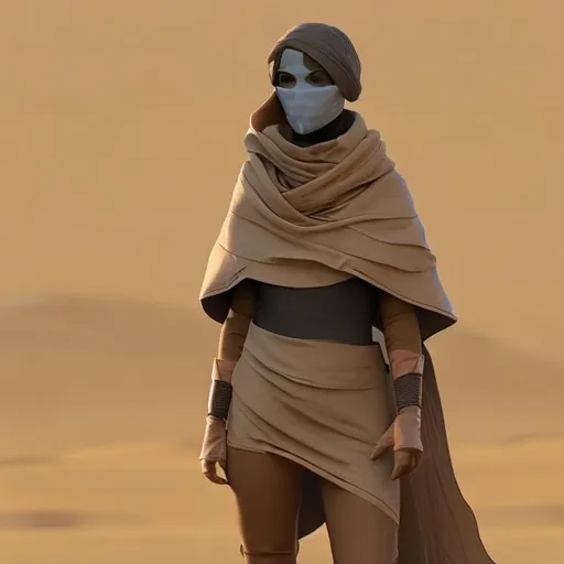 Prompt: woman beautiful, tuscan raider, fremen, dune, white bandage arms, cloth poncho, scifi military armor