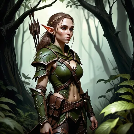 Prompt: Warhammer fantasy style female elf scout, hidding in bush, holding spear, detailed leather armor, dark forest setting, high quality, fantasy, detailed character design, earthy colors, atmospheric lighting