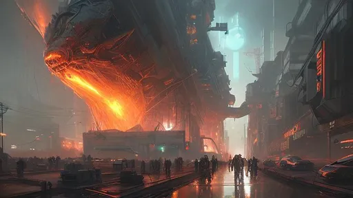Prompt: Michael komarck, Cyberpunk dystopia, The factory belches forth smoke and fire like a beast of hell