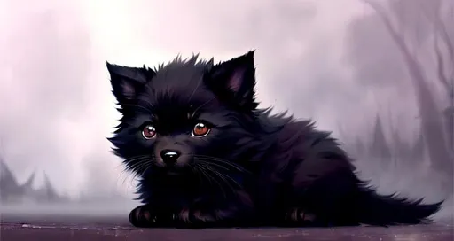 Prompt: Cute, black, fluffy, fantasy dark puppy, with dark, black eyes, very, dark fur, and possessing the element of darkness and making circles of dark magic move around in the air in a magical way. Perfect features, extremely detailed, realistic. Krenz Cushart + loish +gaston bussiere +craig mullins, j. c. leyendecker +Artgerm.