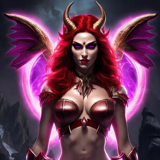 Prompt: HD 4k 3D 8k professional modeling photo hyper realistic beautiful evil demon woman ethereal greek goddess of pride
bright red half shaved head feminine horns dark eyes gorgeous face pale skin dark bejeweled armor red wings full body surrounded by magical glow hd landscape background climbing mountain in the underworld