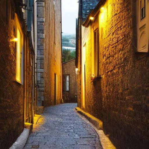 Prompt: Narrow street in Scottland with yellow street lamps and cozy light in a magical world