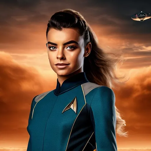 Prompt: A photographic portrait of Tahlia Paris, wearing a Starfleet uniform, with a Star Trek background, in the style of the "Star Trek: The Wrath of Kahn."