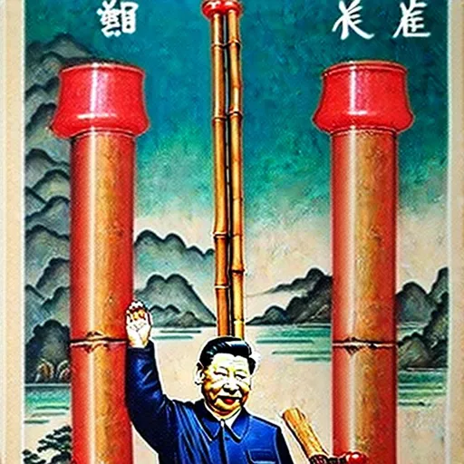 Prompt: Chinese propaganda poster of Xi Jinping, Xi is carrying a slender bamboo pole on his shoulder, Xi is in a town, attached to the bamboo pole Xi is holding are water buckets, highly detailed, highly decorated, masterpiece, vivid