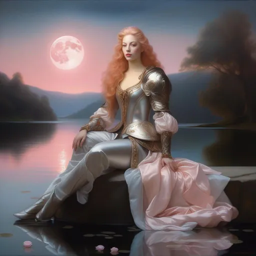 Prompt: Third-person, full body of character in view, Baroque oil on canvas painting of an ethereal, unnaturally pale-skinned Fantasy Supermodel with rose gold pinkish hair, long wavy hair, silver armor, sitting by a Lake with a Full Moon overhead.