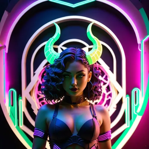 Prompt: a beautiful female demon in a dynamic pose in a retro futuristic synthwave cyberpunk neon paradise.  neon lighting, high quality, beautiful, synthwave, cyber, retro, futuristic