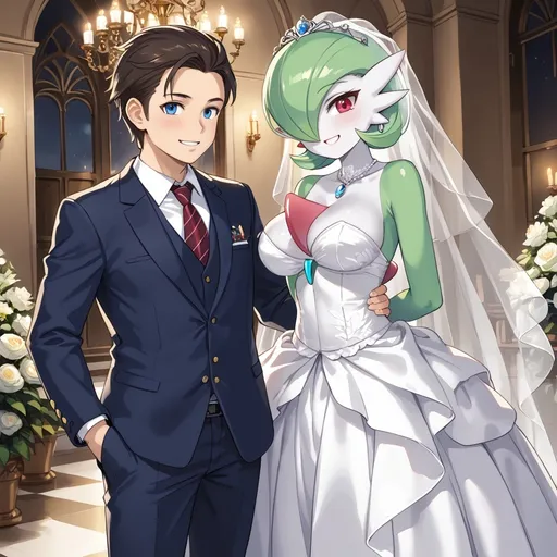 Prompt: Gardevoir smiling wearing a wedding dress next to her human male husband.