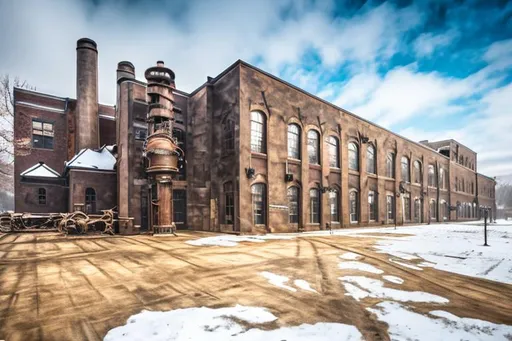 Prompt: A dark steampunk factory school made of metal, flesh, bone, and wood that froze over in a blizzard