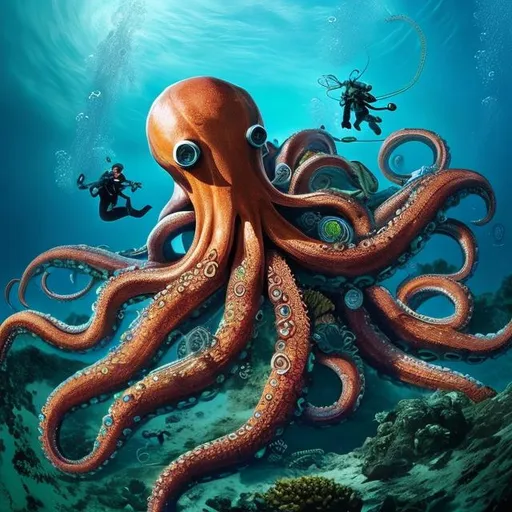 Prompt: A giant octopus surrounded by sea divers