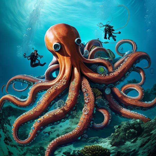 A giant octopus surrounded by sea divers